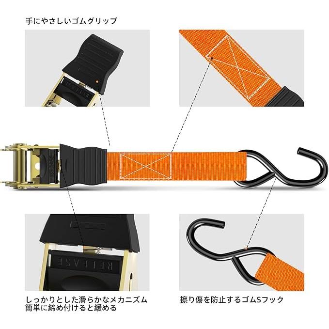Ohuhu ラッシングベルト タイダウンベルトラチェット式 ラチェットベルト 長さ2m 幅25mm 破断荷重680kg マックス使用荷重225kg 荷締めベルト 締付固定 使用簡単 | ブランド登録なし | 03