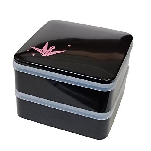 若泉漆器 2段重箱 5寸丸重 黒 折鶴(内黒)パッキン中蓋2枚入 H-150-46