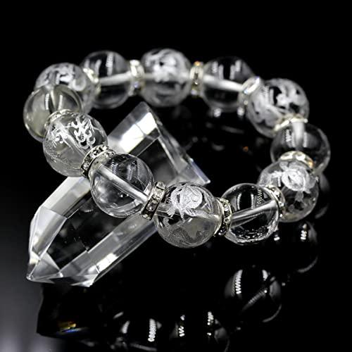 石輝] 天然石水晶16mm銀彫り四神獣水晶16mm数珠ブレスレット 金運 