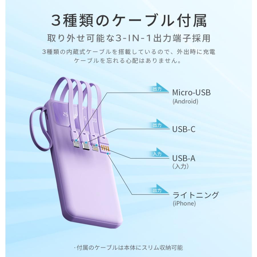 2個目半額セール モバイルバッテリー 20000mah iphone 大容量 小型 電池残量表示 携帯充電器 軽量 バッテリー充電器 スマホ充電器 ケーブル内蔵 PSE認証済み |  | 07