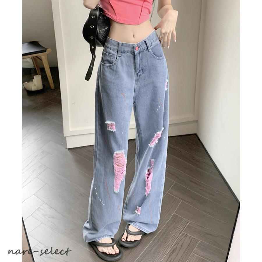 ピンク ダメージデニムパンツ レディース : EUREKAショップ - 通販