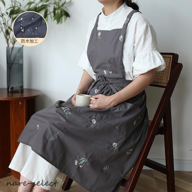 新品未使用 フェイラー 花柄 刺繍 グレー エプロン エプロン 刺繍 通販 花柄 北欧 撥水 刺繍エプロン Aラインエプロン