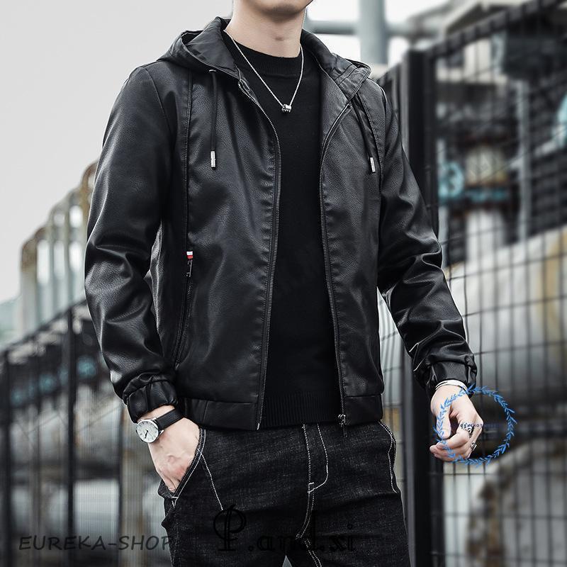 レザー フード付き メンズ パーカー PU革ジャン ライダース シンプル