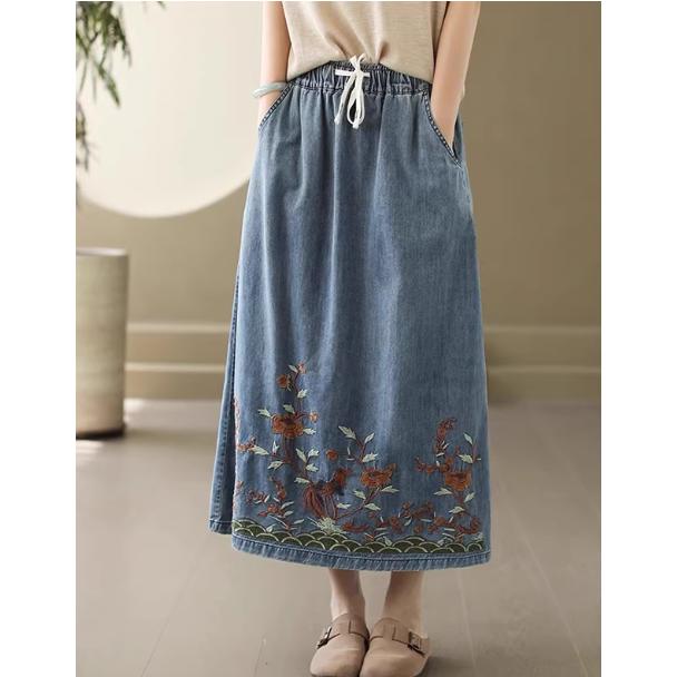 花刺繍デニムスカート 森ガール風スカート スカート レディース