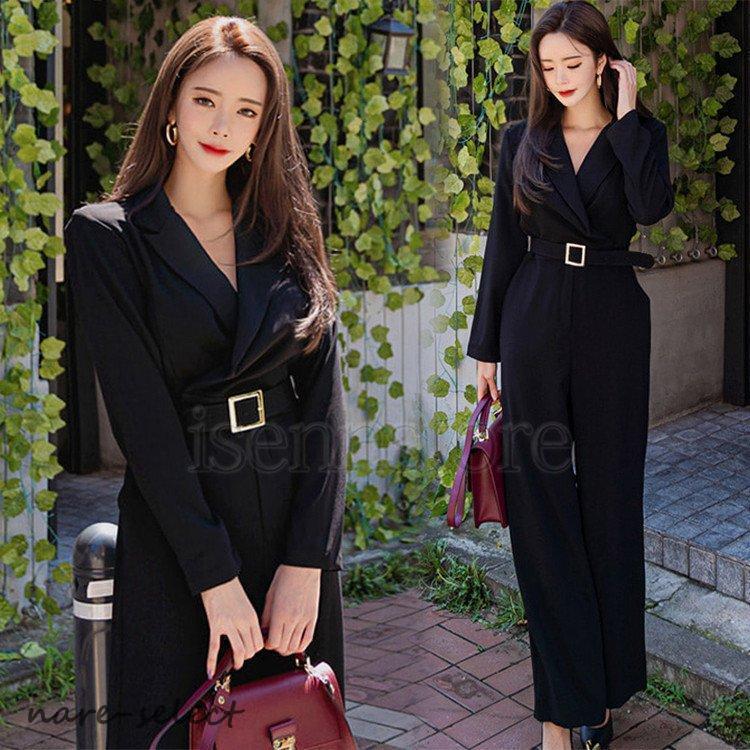 パンツドレス ロング丈 オールインワン サロペット Vネック 長袖