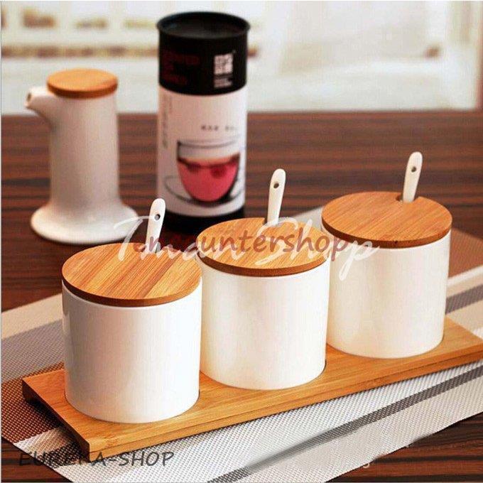 保存容器 陶器キャニスター 調味料入れ 容器 木台?匙付き 塩 コショウ