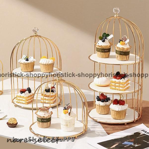 ケーキスタンド 鳥ケージ型 セラミック 金属 カップケーキスタンド 2段