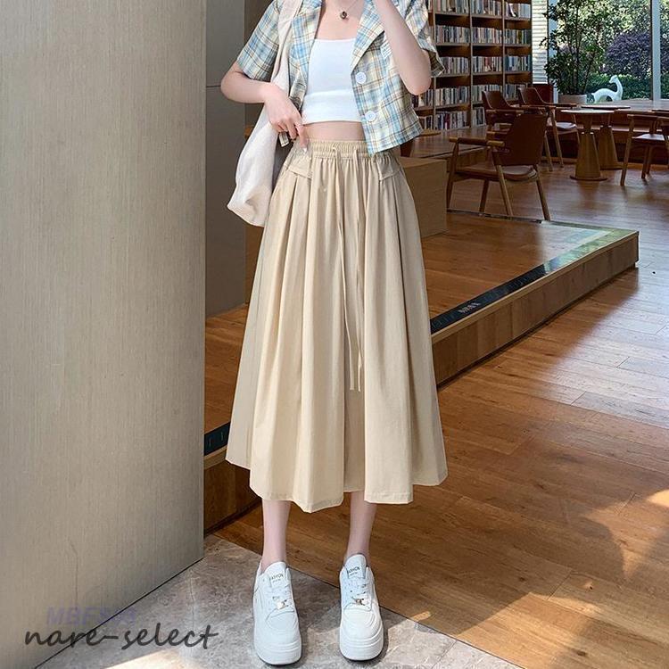 ドゥファミリー　ベージュ ガウチョパンツ ゴムウエスト ガウチョパンツ レディース 春夏 薄手 涼しい ワイドパンツ ウエスト