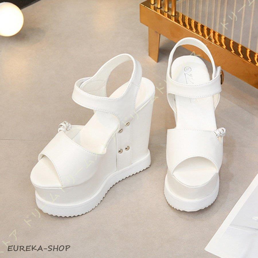 厚底 サンダル レディース 夏 ハイヒール 白 面ファスナー ウェッジ 