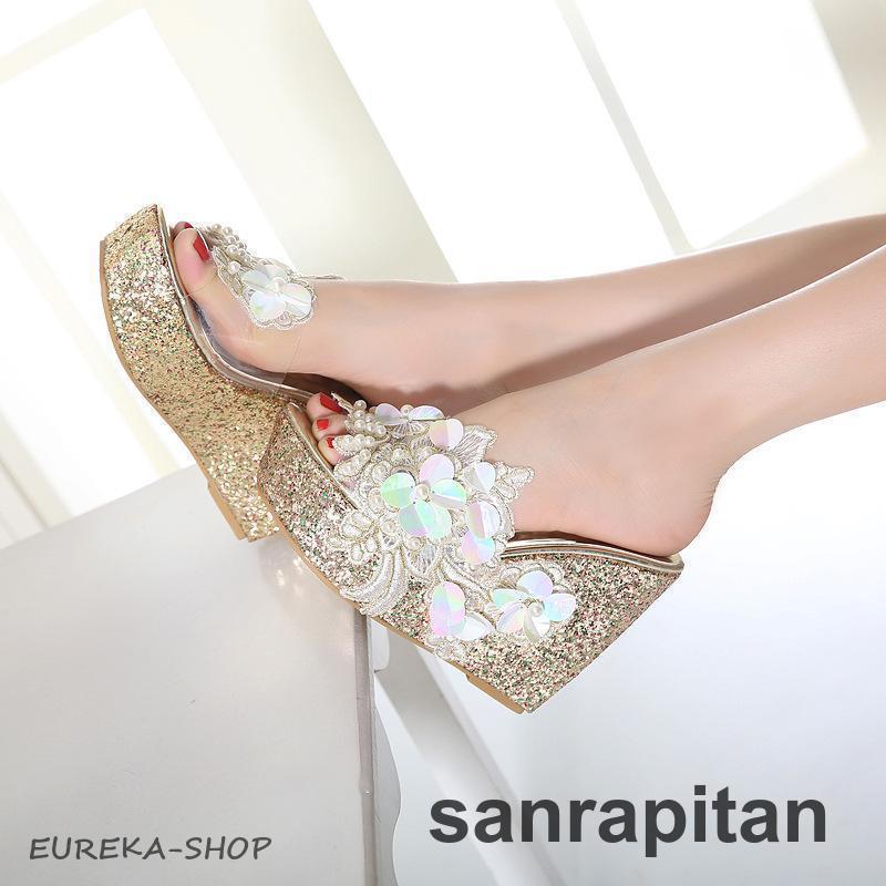 ミュール サンダル 厚底 ウェッジソール オープントゥ ラメ