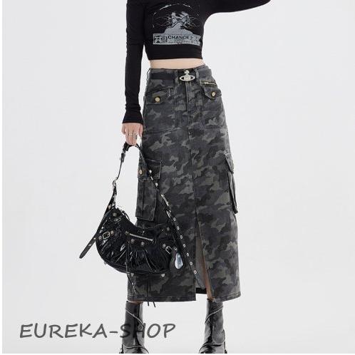 マキシスカート 着痩せ ロングスカート 迷彩柄 タイトスカート