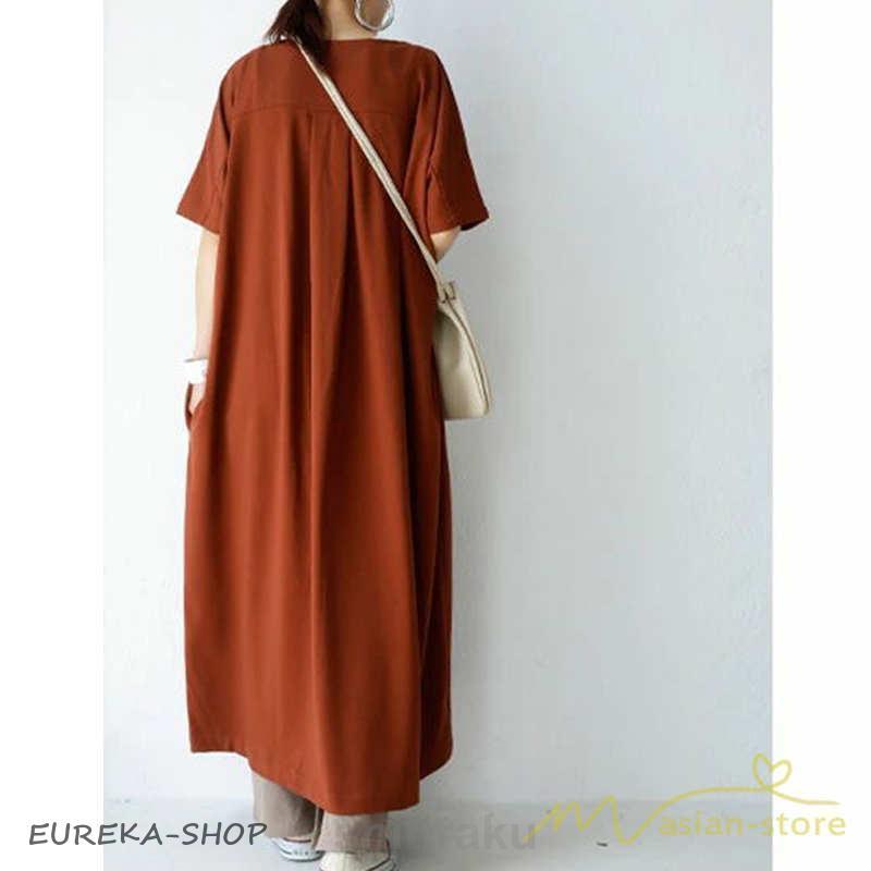 ワンピース レディース ロング 五分袖 夏物 ボタンワンピース v