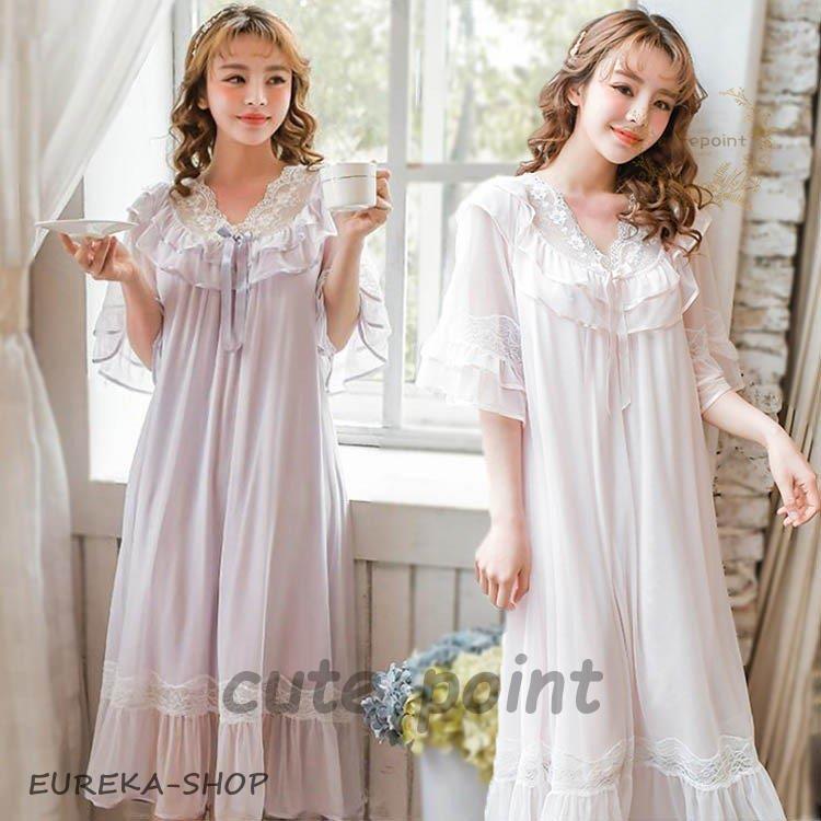 vintage たっぷりフリルとお花のレース　ネグリジェ　ワンピース　ガウン レディース レース 姫系 ネグリジェ 寝巻き 五分袖 ロング丈 春 夏