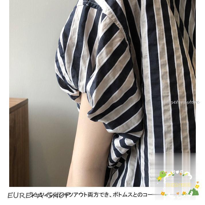 ストライプ柄 シャツ 半袖 レディース ゆったり ブラウス 夏 開襟