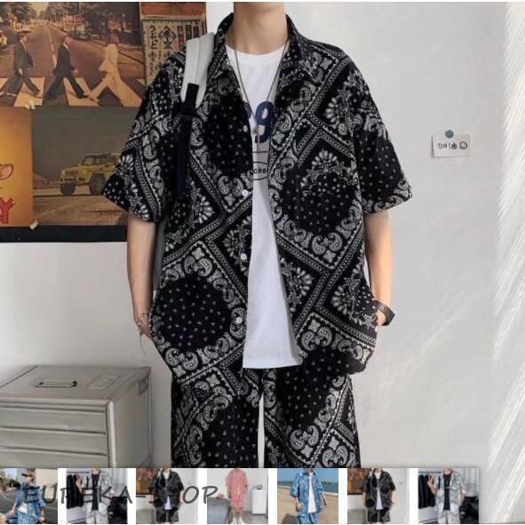 ペイズリー柄　上下セット 上下セット メンズ ペイズリー柄 セットアップ 柄シャツ 半袖 ハーフ