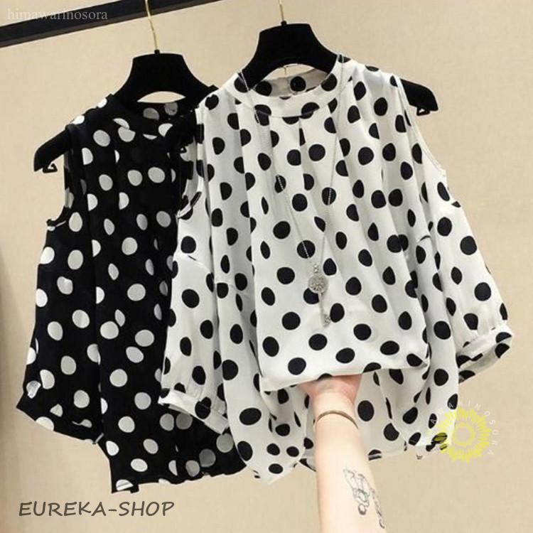 トップス 半袖 tシャツレディース 水玉 オフショルダー ドット柄 OL
