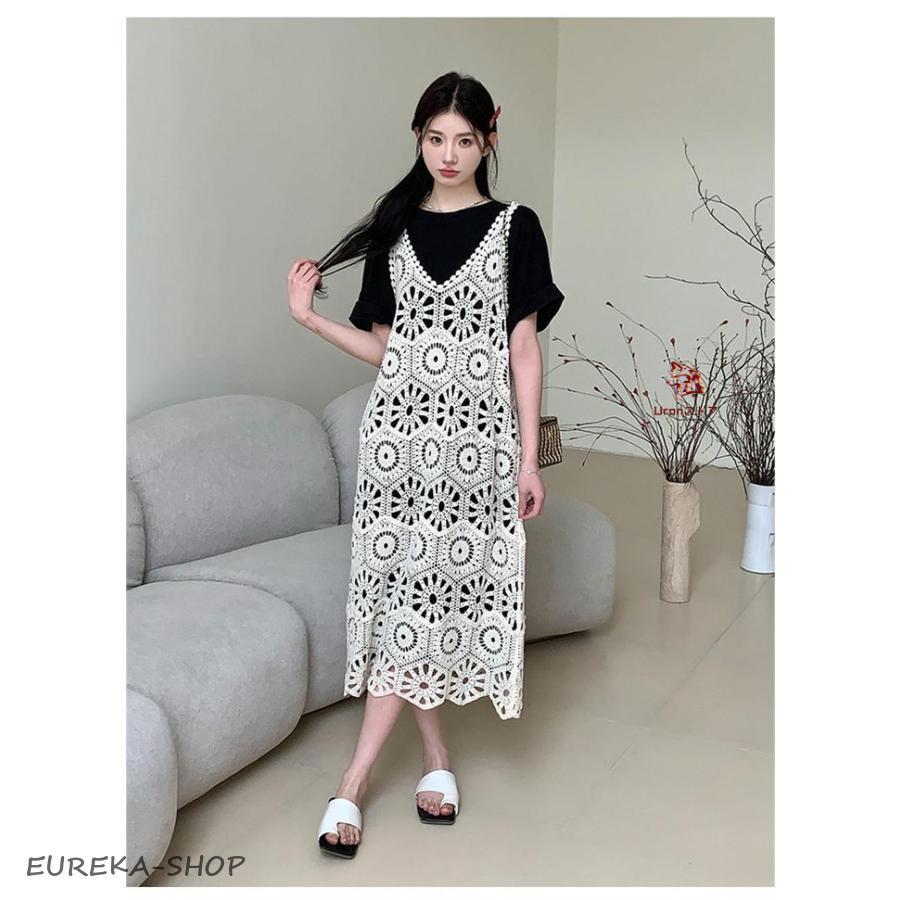 透かし編み ロングベスト レディース 夏ニットベスト