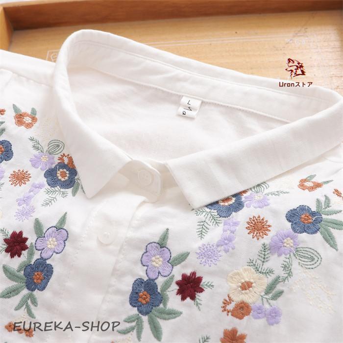 コットンシャツ ブラウス 夏 レディース 花柄刺繍 シャツ 綿100％ 半袖