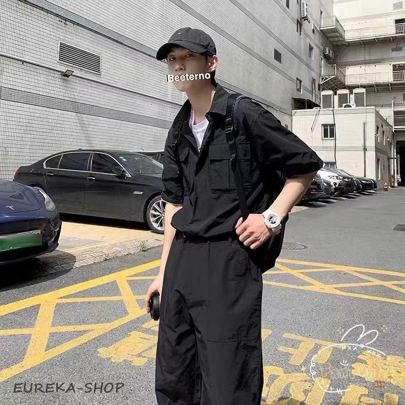つなぎ半袖ストレッチカーゴツナギ夏無地オーバーオールメンズ
