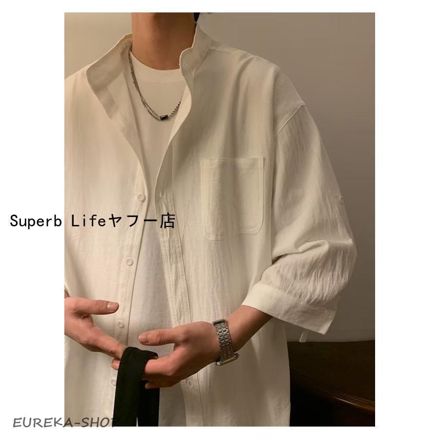 シャツ バンドカラー メンズ 半袖シャツ ノーアイロン加工 胸ポケット