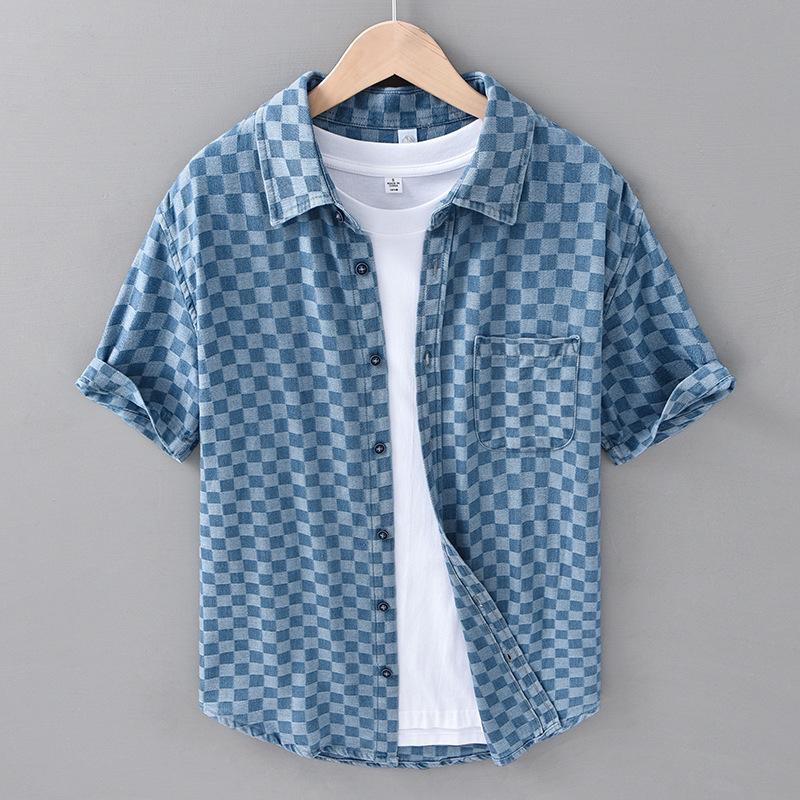 デニムシャツ チェック柄シャツ メンズ半袖 ウォッシュ加工 個性