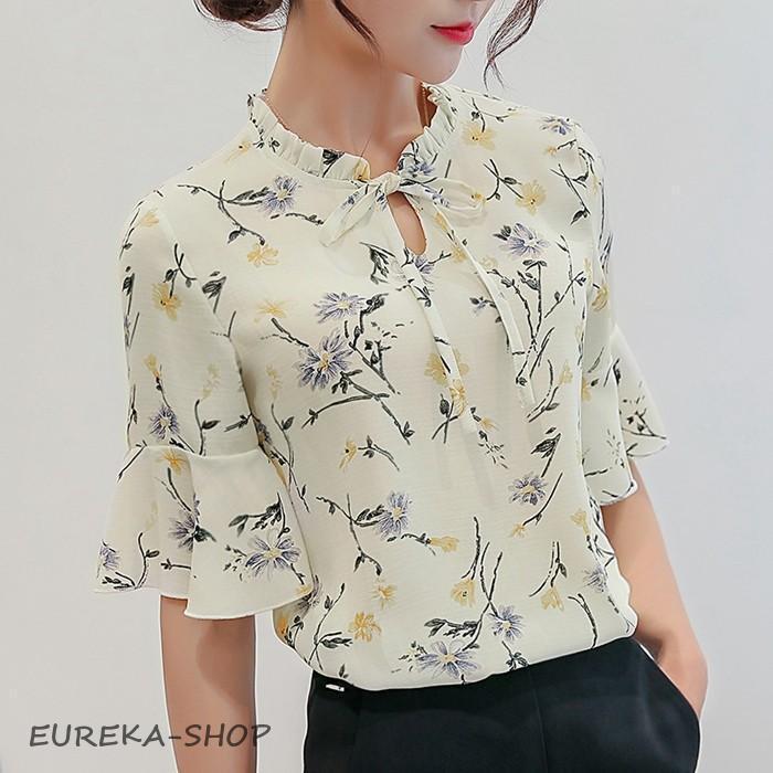 花柄ブラウス ブラウス レディース 2タイプ 半袖 フリル リボン 