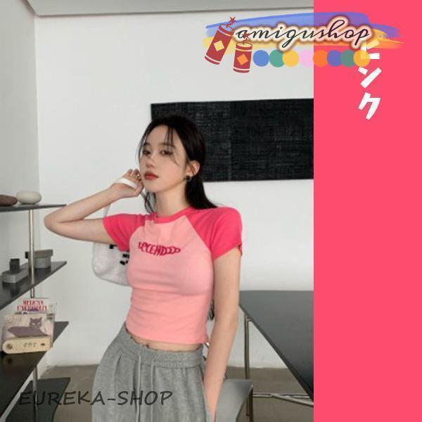 レディース トップス ラグラン Tシャツ 半袖 ロゴ スリムTシャツ へそ