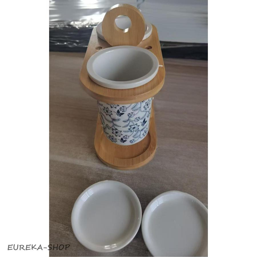 箸立て箸ラック 木製スタンド付き 青白陶器 キッチン食器収納排水穴