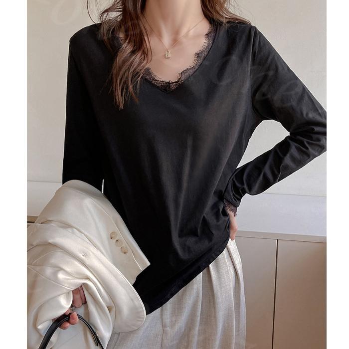 Tシャツ 長袖 カットソー Vネック レース パネル ショルダーライン 