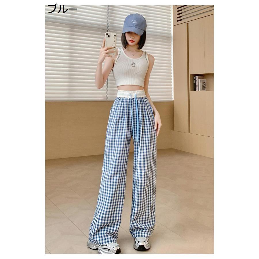 ワイドパンツ レディース ギンガムチェック ストレートパンツ 夏