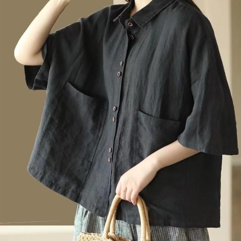 綿麻 シャツ レディース 夏 半袖 涼しい 抜き襟 ブラウス ゆったり