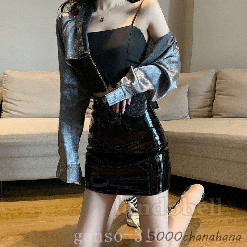 PUスカートレディースエナメルミニ膝上丈ハイウエストタイトスカート