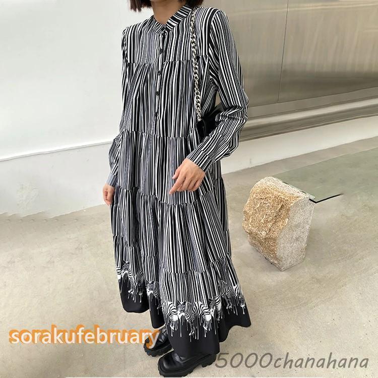 レトロ柄 ロングワンピース レディース 秋 シャツワンピース 長袖