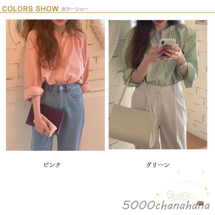ピンク シャツ ノーカラー 冬 長袖 トップス 無地 秋 ブラウス 春