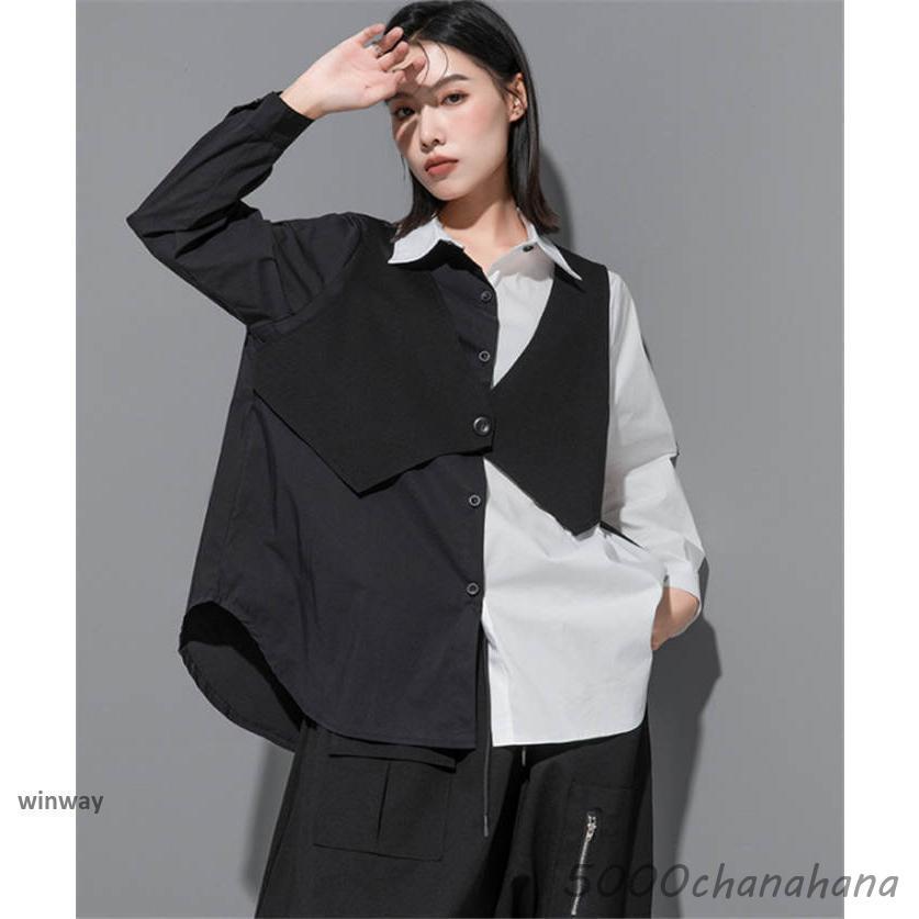 フェイクレイヤード シャツ レディース 配色 トップス ロングシャツ 春 