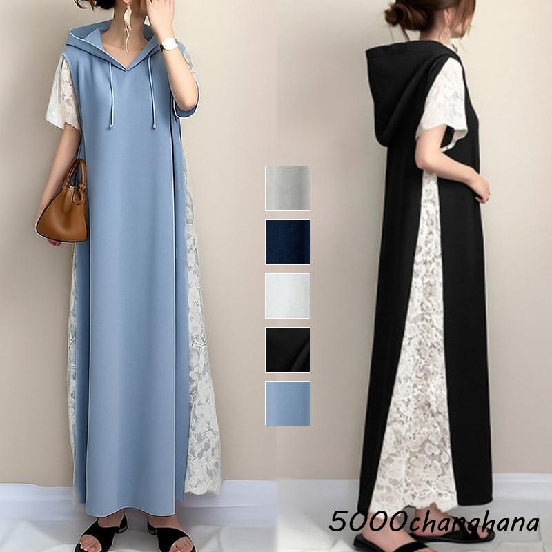 ワンピース 半袖 レディース 夏服 レース切り替え フード付き バイ