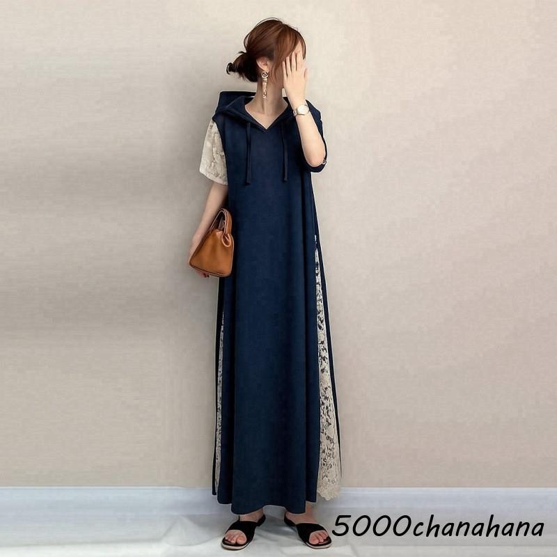 爆買 ワンピース 半袖 レディース 夏服 レース切り替え フード付き