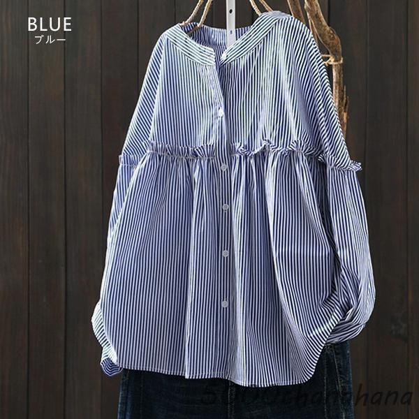 美品　bow.a パフブラウス パプスリーブ　ブルー 青　チュニック ブラウス シャツ レディース トップス チュニック バンドカラー 長袖 7
