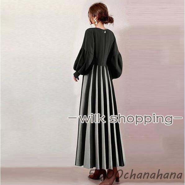 ロングワンピース 秋冬 レディース パフスリーブ 切り替え ドッキング