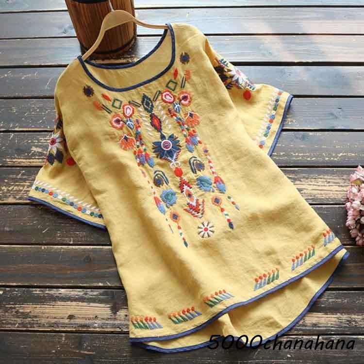 刺繍 ブラウス チュニック Tシャツ トップス 花柄刺繍 半袖 ハーフ袖