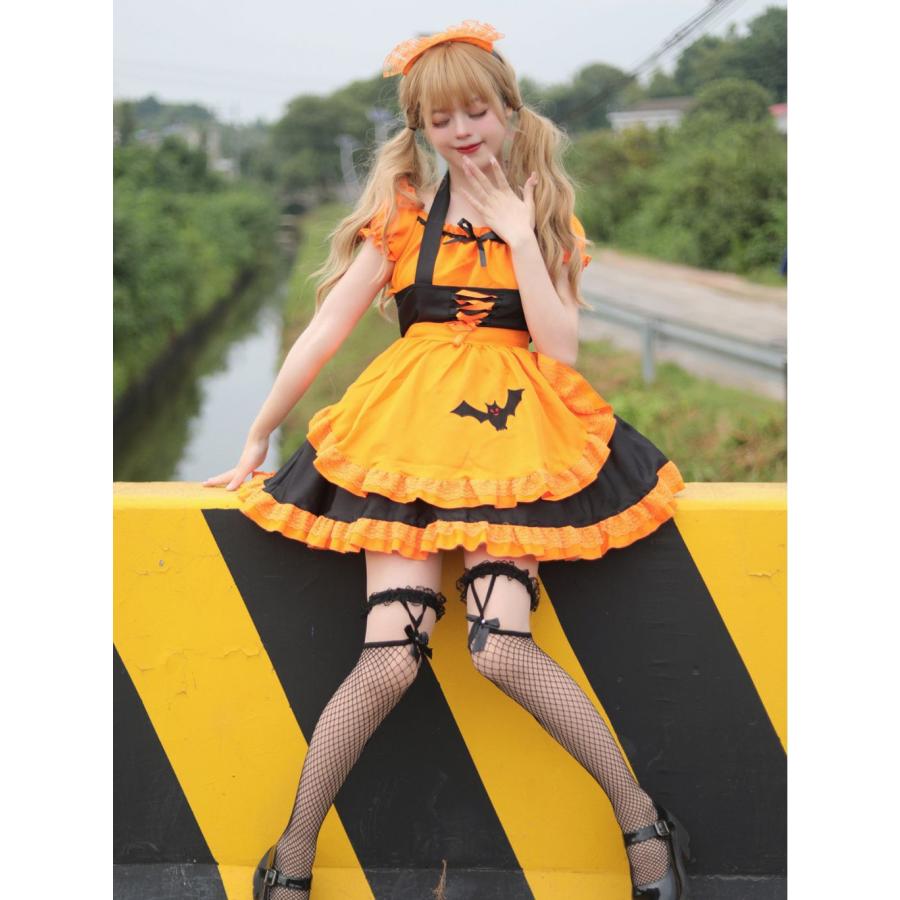 ハンドメイド★オレンジ。ハロウィンプリントワンピース★ストラップ♡ぬいば用コス ハロウィン】コスプレ 仮装 大人 元素 メイド服 ワンピース オレンジ