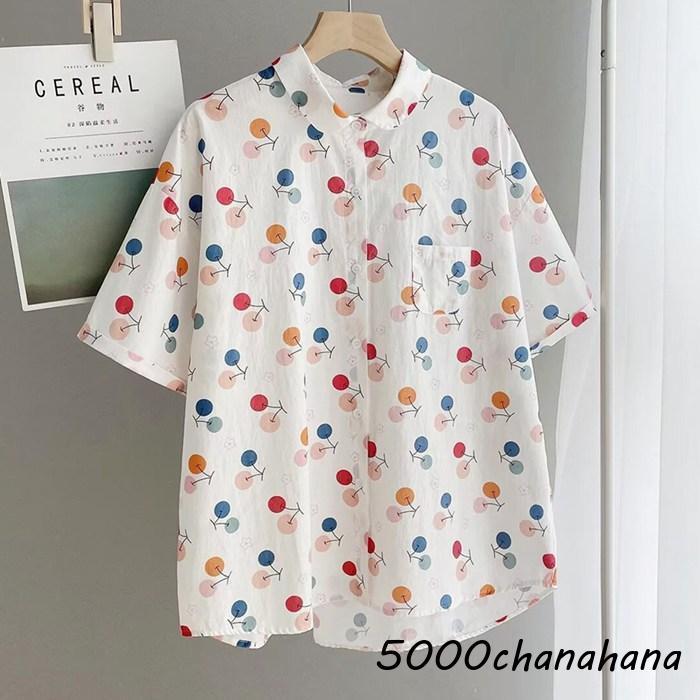 半袖ブラウス レディース シャツ 花柄 チェリー柄 シャツブラウス 半袖