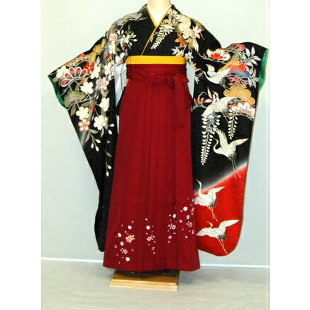 振袖袴レンタル 卒業式 標準サイズ フルセット 謝恩会 卒業袴 着物レンタル 正絹振袖 古典柄 黒・茶・グレー系 hf714