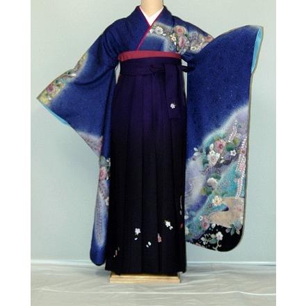 振袖袴レンタル 卒業式 標準サイズ フルセット 謝恩会 卒業袴 着物レンタル 正絹振袖 古典柄 青・青紫・緑系 hf802