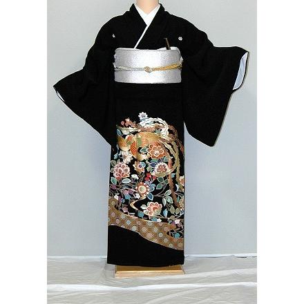 留袖レンタル 黒留袖 留め袖 結婚式 着物レンタル フルセット  母親 とめそで 正絹 高級 親族 人気 和装 標準サイズ 金彩　花柄に鳳凰 rt142 | 