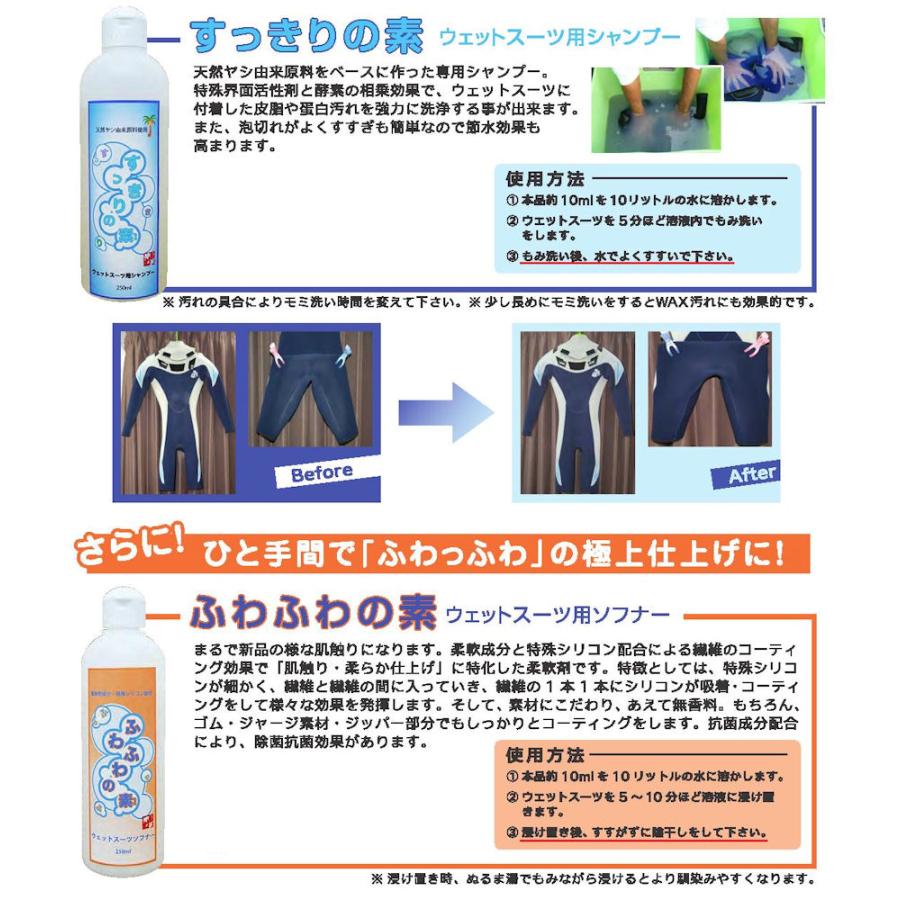 SRS ウェットスーツ用シャンプー すっきりの素 250ml 柔軟剤成分 特殊シリコン配合 サーフィン 便利グッズ メンテナンス｜54tide｜02