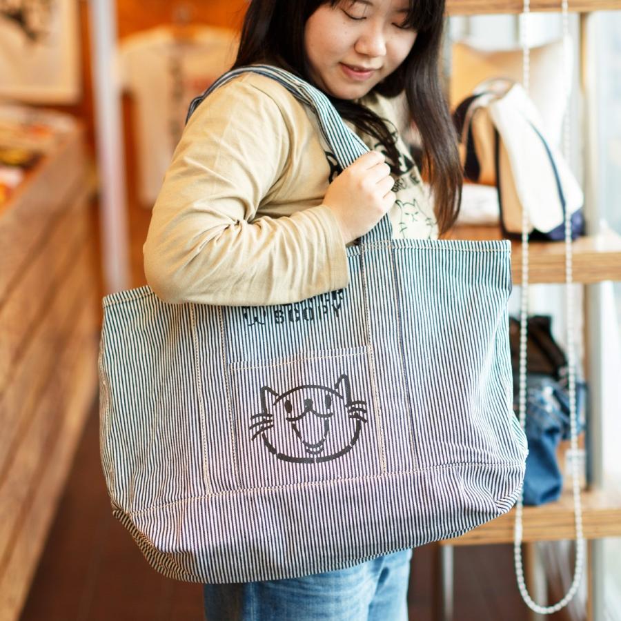 猫 おもしろ かわいい ビッグトート CAT LOVER ( ヒッコリーストライプ