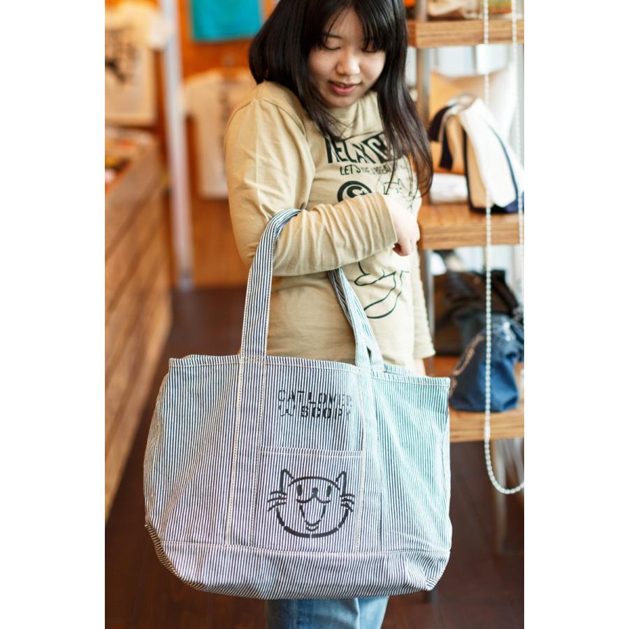 猫 おもしろ かわいい ビッグトート CAT LOVER ( ヒッコリーストライプ