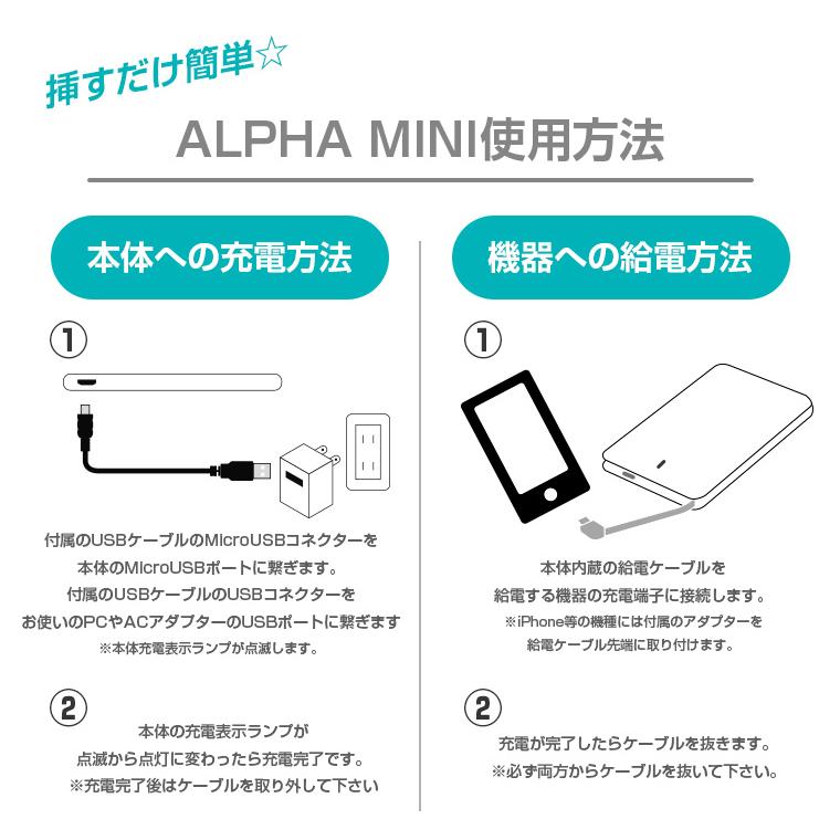 モバイルバッテリー iPhone 薄型 軽量 ALPHALING MINI ケーブル内蔵 超小型 コンパクト 2500mAh Andorid スマホ充電器 携帯 かわいい プレゼントギフト｜55shopping｜14