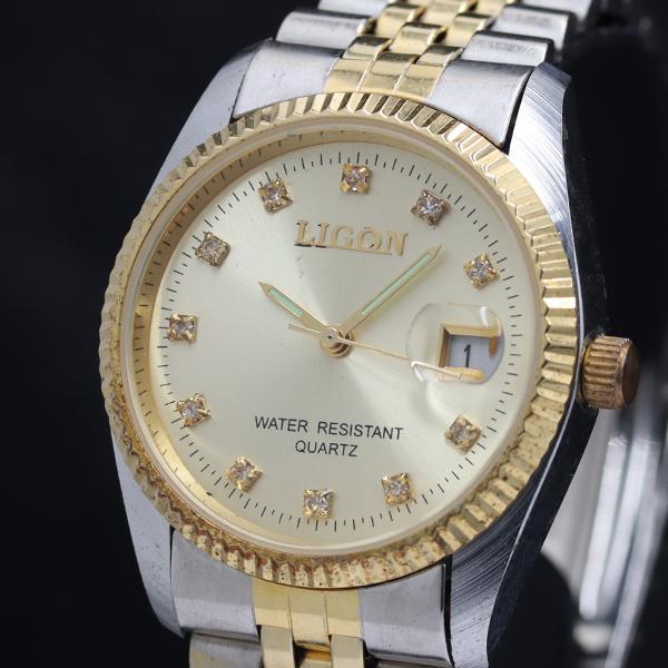 LIGUN 石付 デイト ラウンド QZ ゴールド文字盤 メンズ/レディース腕時計 TKD 2000000 NSK : 5980watch ...